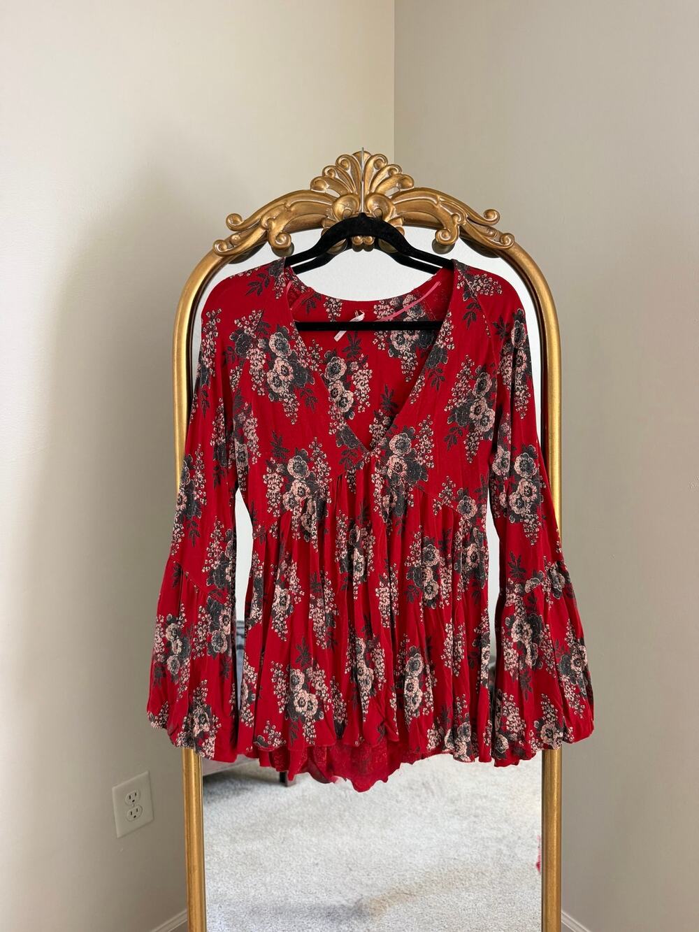 Free People Speak Easy Red Floral Bell Sleeve Top Blouse
